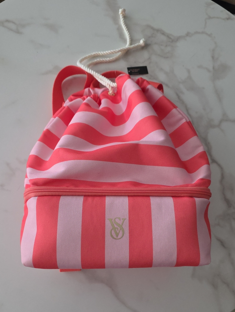 Victoria's Secret Pink & Coral Striped Drawstring Backpack & Lunch Bag (D-1)